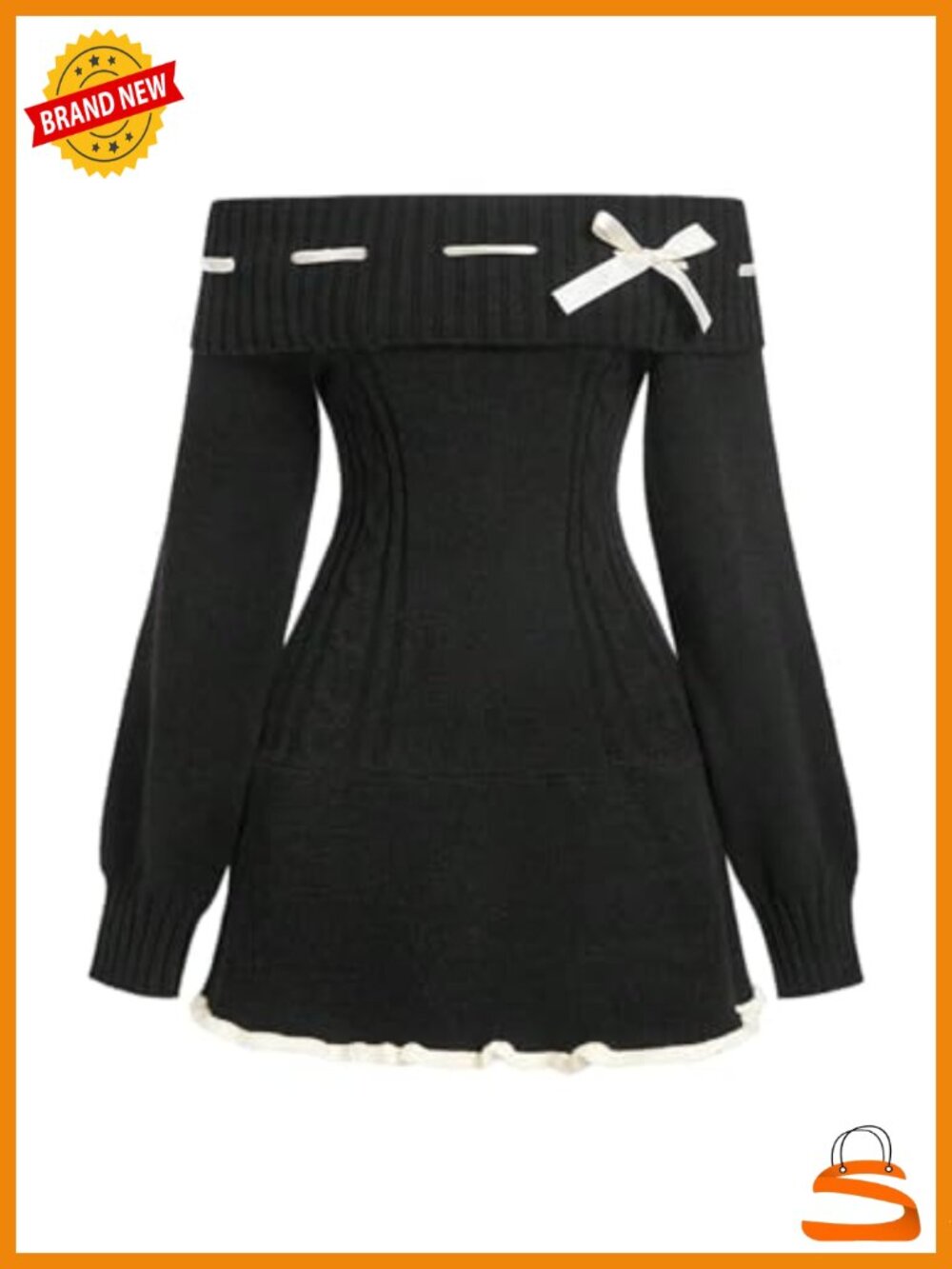 Off Shoulder Bow Front Sweater Dress Long Sleeve Mini Knit Bodycon